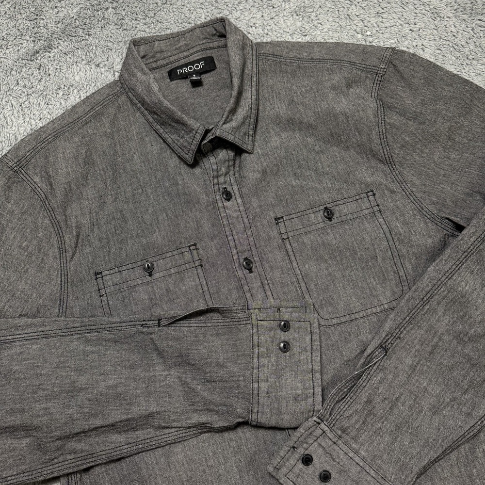 Proof Huckberry Chambray Strong Work Shirt Men's Small Grey Button Long Sleeve